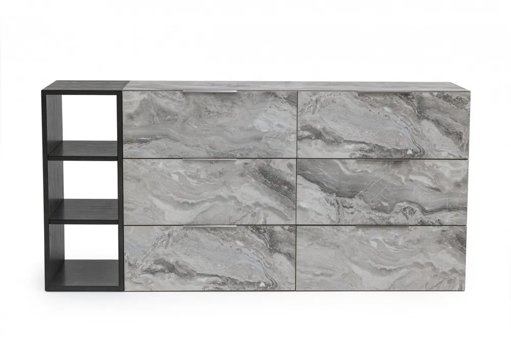 Grey Faux Marble and Black Wood Six Drawer Double Dresser By Homeroots Express Delivery