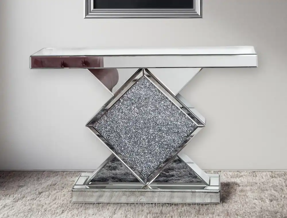 Clear and Silver Mirrored Glass And Faux Crystals Pedestal Console Tab Editor’s Pick