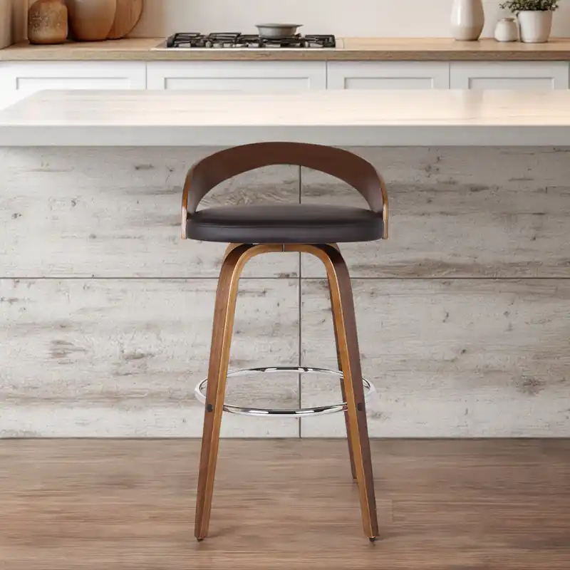 Brown Faux Leather and Solid Wood Low Back Bar Height Swivel Bar Chair Free Shipping