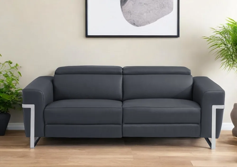 Budget Dark Gray Italian Leather USB Reclining Sofa With Silver Legs By Homer