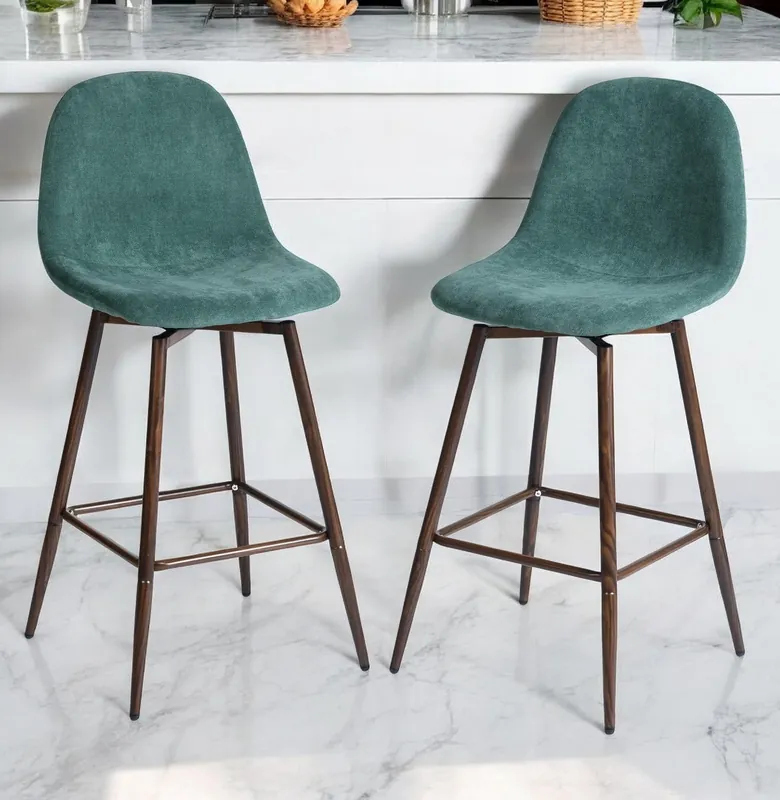 Bargain Set of Two Green And Brown Velvet And Steel Counter Height Bar Chairs