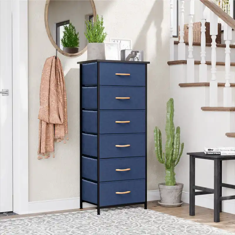 Blue and Black Steel and Fabric Six Drawer Chest By Homeroots Time-Limited