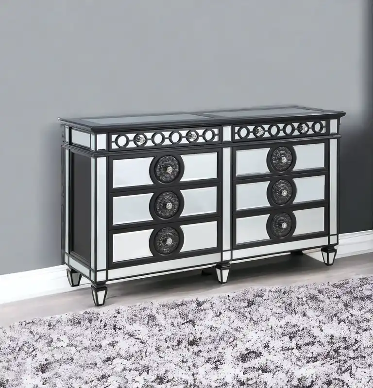 Black and Silver Solid and Manufactured Wood Mirrored Eight Drawer Dou Don’t Miss Out