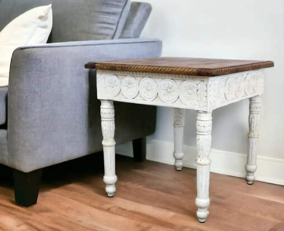Ivory And Brown Distressed Solid Wood Square End Table By Homeroots Premium