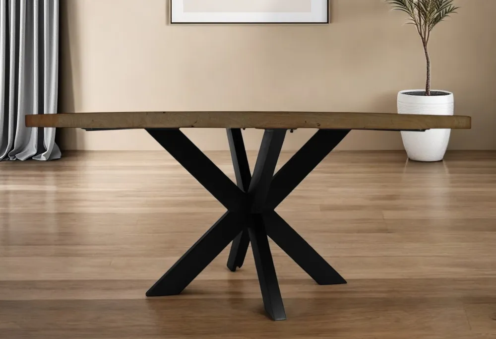 Natural And Black Rounded Solid Wood And Iron Pedestal Base Dining Tab Seasonal Sale