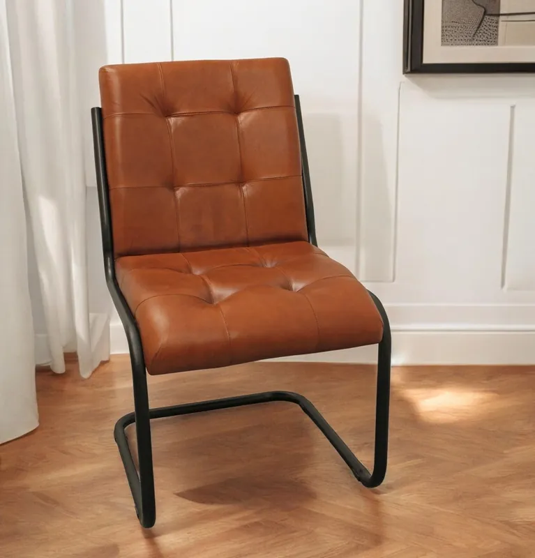 Original Tufted Cinnamon And Black Upholstered Leather Dining Side Chair By Hom