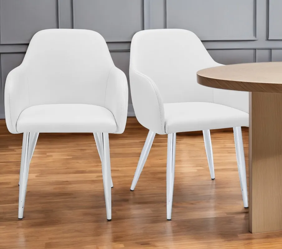 Limited Edition Set of Two White And Silver Upholstered Faux Leather Dining Arm Chairs