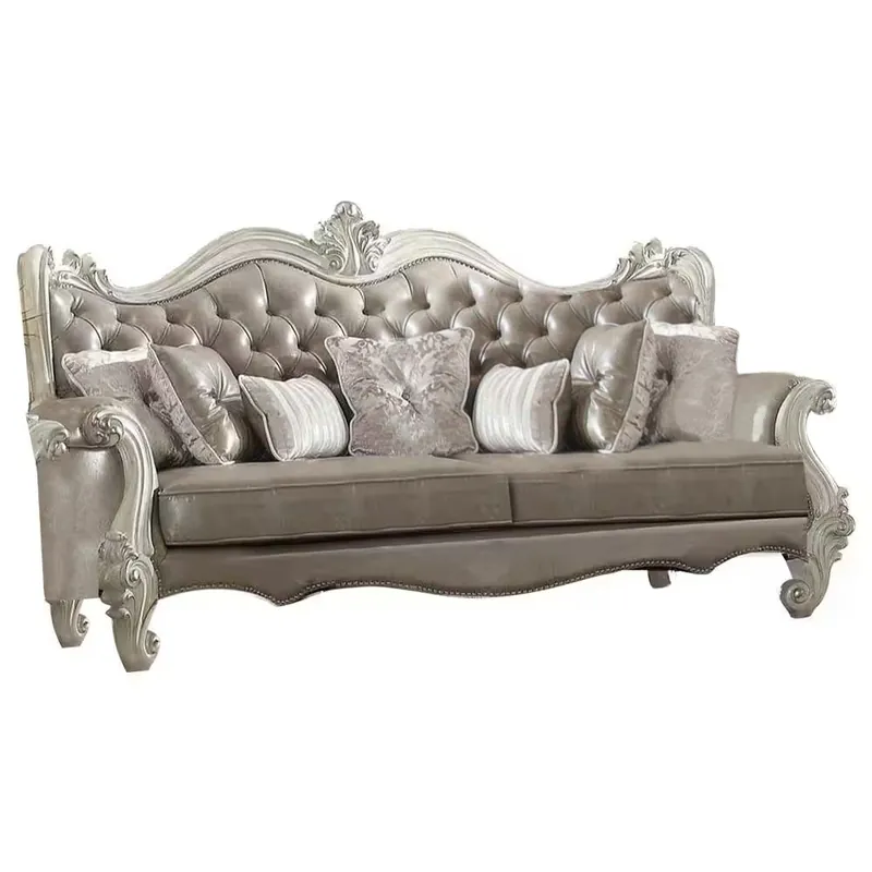 Gray Faux Leather Curved Sofa And Toss Pillows With Bone Legs By Homer High Quality