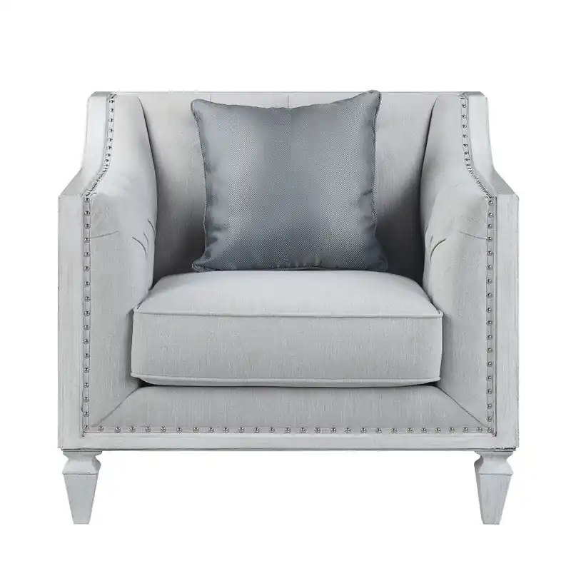 Light Gray and Brown Linen Tufted Distressed Club Chair And Toss Pillo Secure Checkout