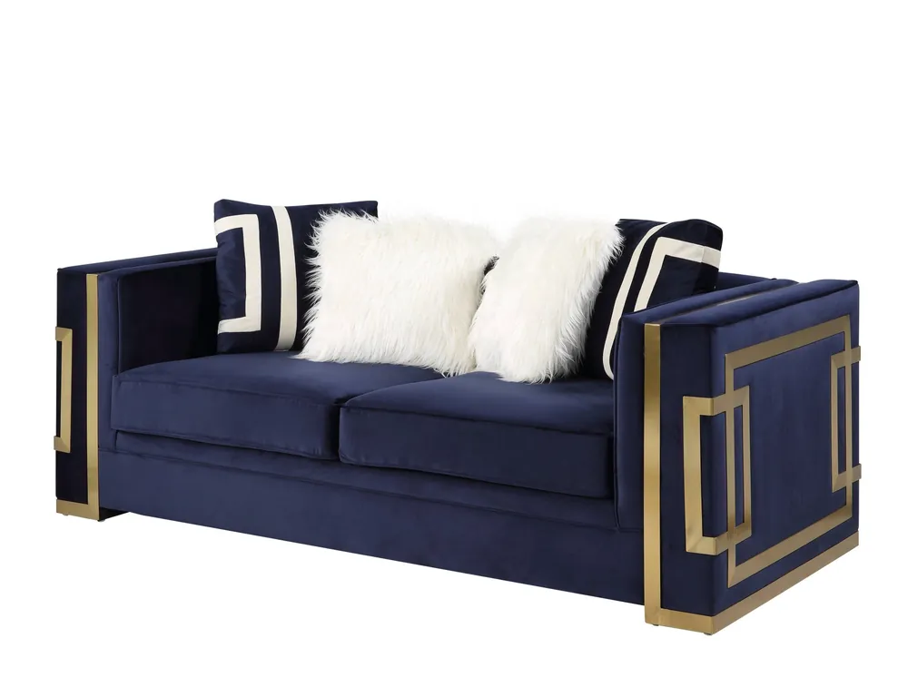 Blue And Gold Velvet Loveseat and Toss Pillows By Homeroots Big Sale