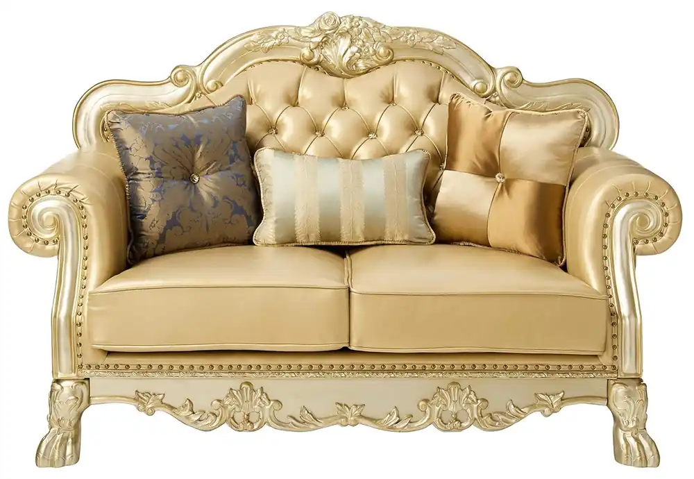 Bone And Gold Faux Leather Loveseat and Toss Pillows By Homeroots Grab Now