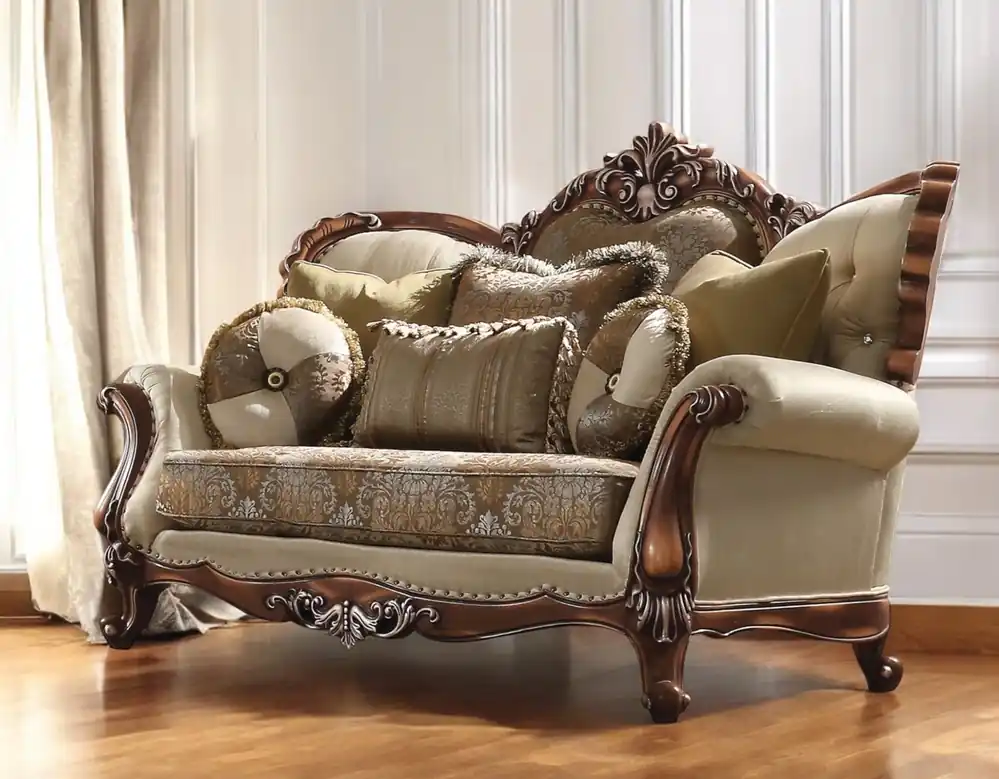 Shop Now Tan And Brown Velvet Damask Curved Loveseat and Toss Pillows By Homero