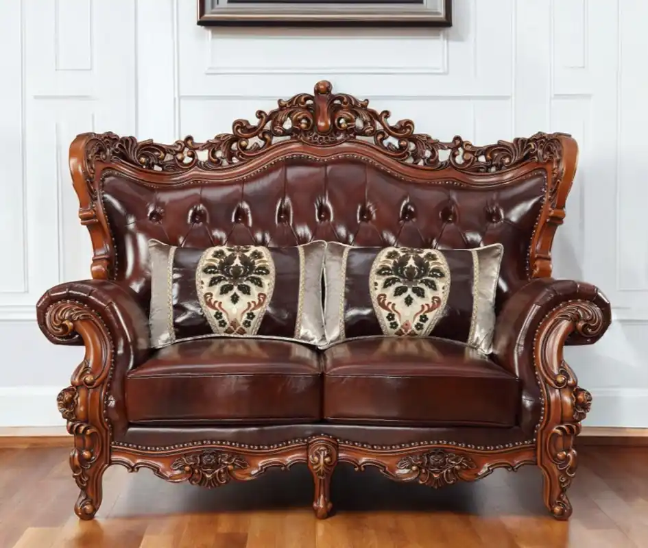 One Day Deal Brown And Walnut Top Grain Leather Curved Loveseat and Toss Pillows By