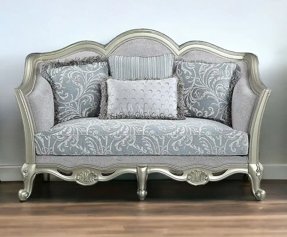 Crafted Light Gray And Champagne Linen Damask Loveseat and Toss Pillows By Hom