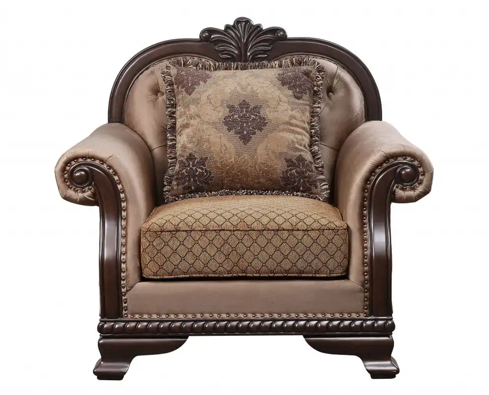 Clearance Tan and Espresso Fabric Tufted Arm Chair And Toss Pillow By Homeroots