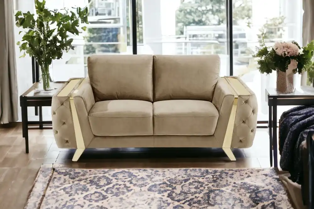 One Day Deal Beige And Gold Velvet Loveseat By Homeroots