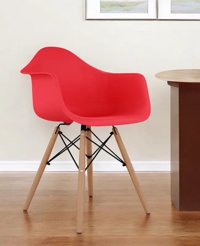 Special Discount Red And Natural Heavy Duty Plastic And Solid Wood Dining Arm Chair By