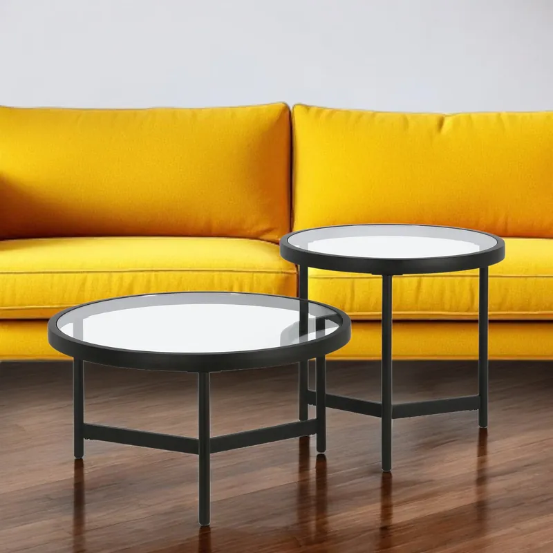 Direct From Manufacturer Set of Two Black Glass And Steel Round Nested Coffee Tables By Homeroo