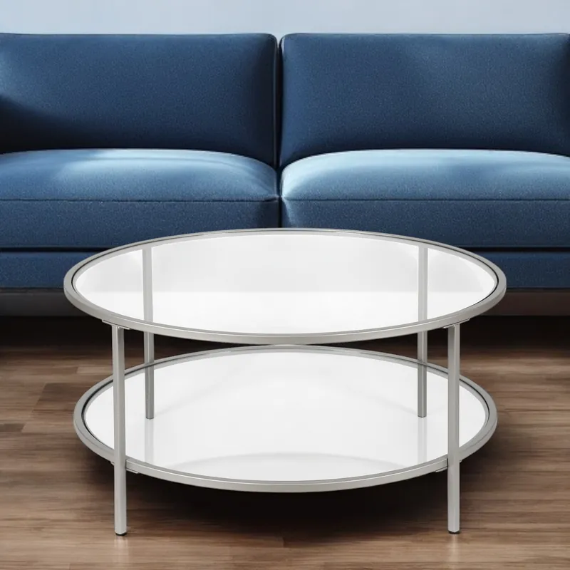 Silver Glass And Steel Round Coffee Table With Shelf By Homeroots Next Day Delivery