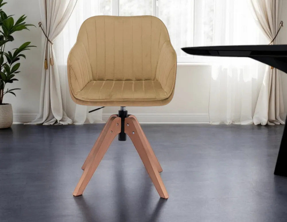 Tufted Champagne And Natural Velvet and Wood Dining Arm Chair By Homer Best Seller