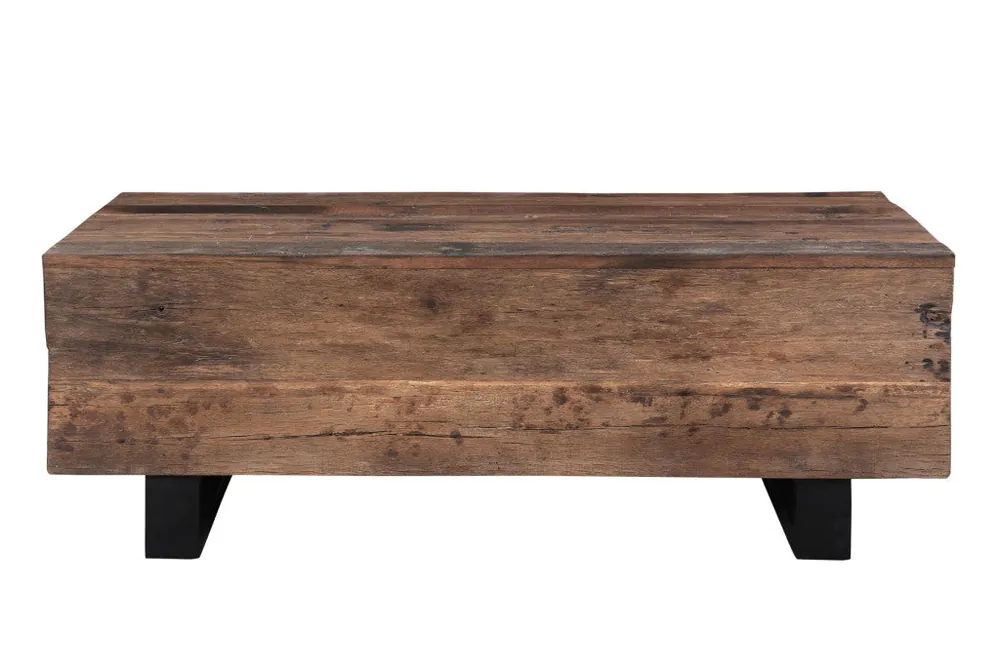 Limited Edition Dark Brown and Black Solid Wood And Metal Distressed Sled Coffee Table