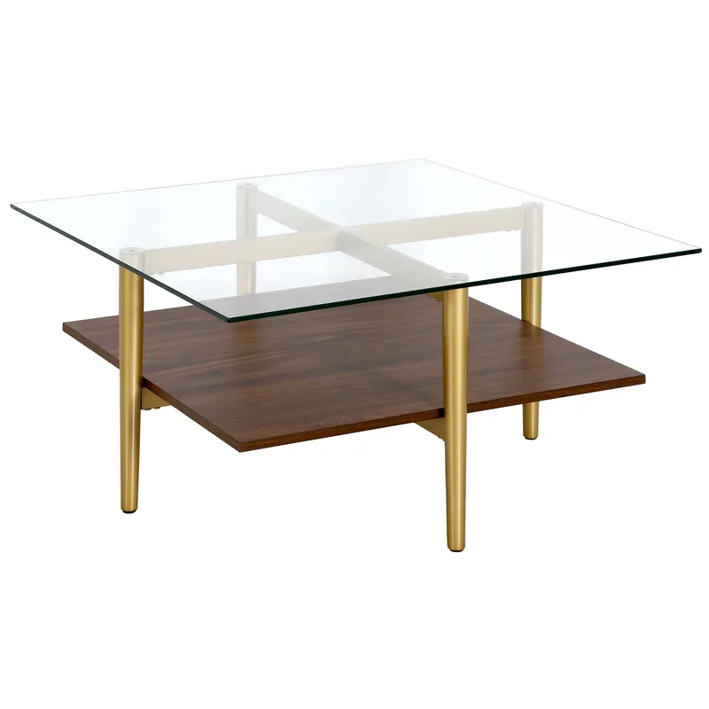 Fast Shipping Brown And Gold Glass And Steel Square Coffee Table With Shelf By Homer