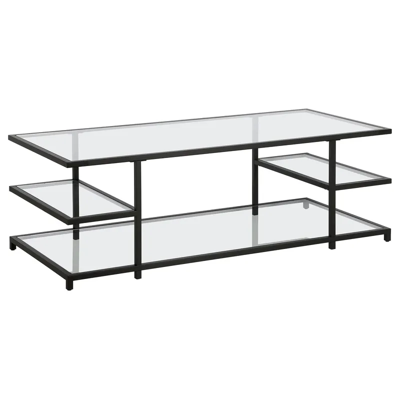 Black Glass And Steel Coffee Table With Three Shelves By Homeroots Super Sale
