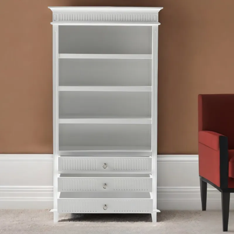 Original Antiqued White Solid Wood Four Tier Bookcase with Three Drawers By Hom