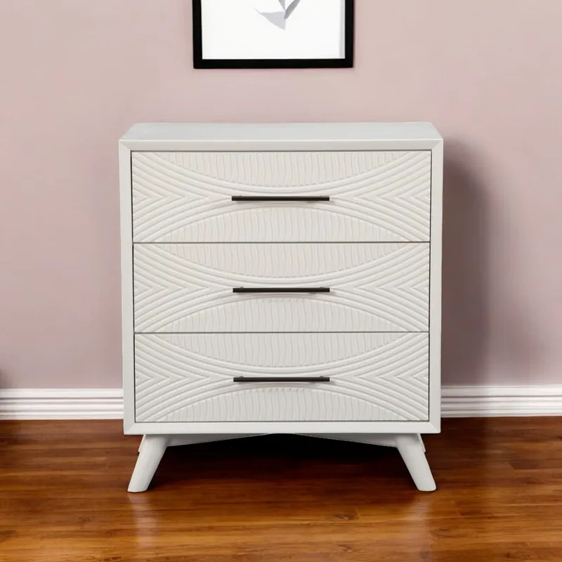 White Carved Geometric Solid Wood Three Drawer Dresser By Homeroots Free Delivery