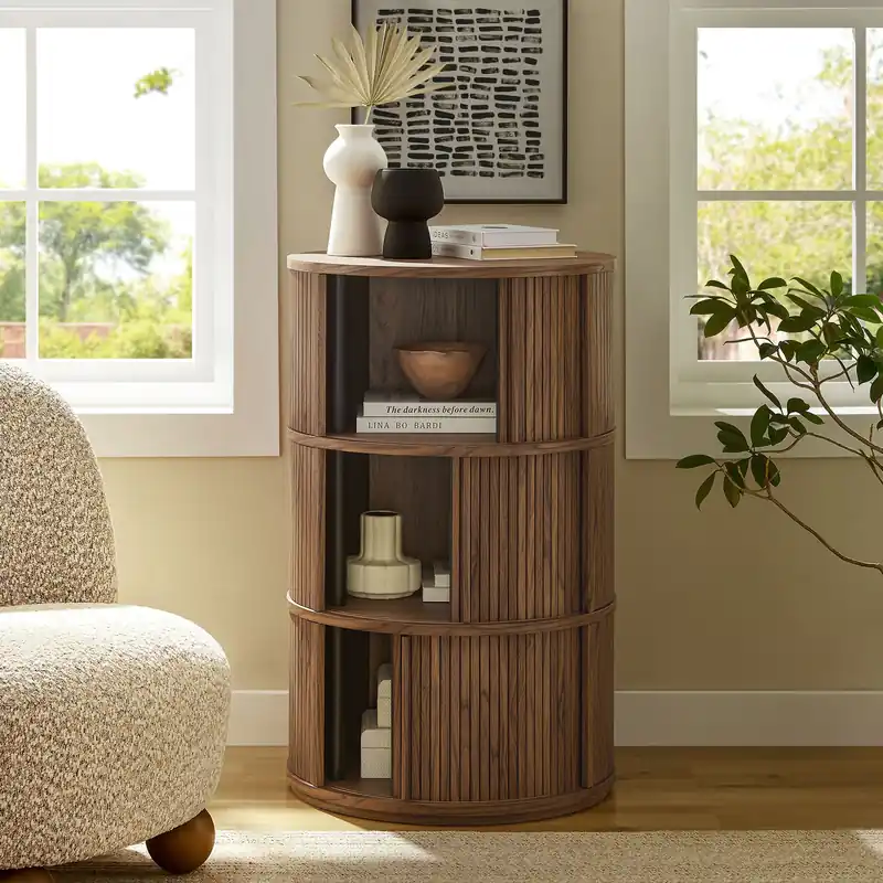 Buy Today Clement Round Pedestal Stand Storage Table With Sliding Tambour Doors
