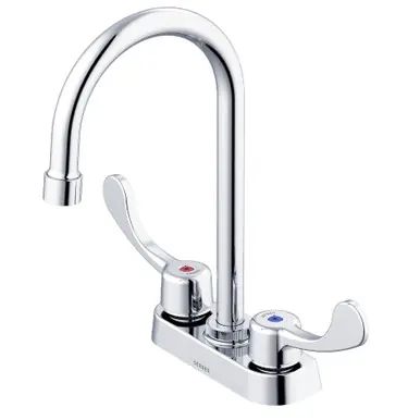 Gerber GC044554 Commercial Two Handle Centerset Lavatory Faucet w/ Gooseneck Spout Wrist Blade Handles & Less Drain 0.5gpm - Chrome Certified