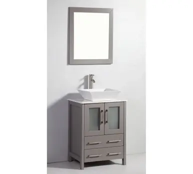 Latest Vanity Art VA3124G 24 Inch Wood & Glass Vanity Cabinet with Ceramic Vessel Sink & Mirror - Grey
