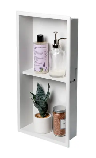 Alfi 12 x 24 White Matte Stainless Steel Vertical Double Shelf Bath Shower Niche Shop Now