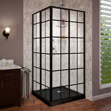 DreamLine French Corner 42 in. D x 42 in. W x 74 3/4 in. H Framed Sliding Shower Enclosure in Satin Black and Black Acrylic Base Exclusive