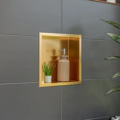 Fresh Stock Alfi ABNP1212-BG 12" x 12" Brushed Gold PVD Stainless Steel Square Single Shelf Shower Niche