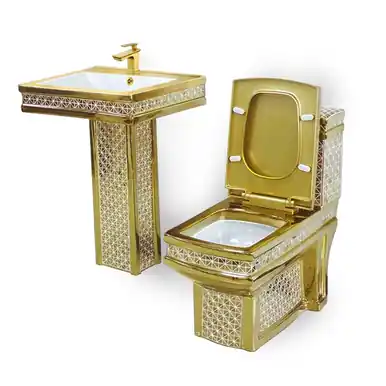 Buy Online Maison De Philip ROM-SET2 Decorative Gold Toilet and Pedestal Sink Set without Faucet