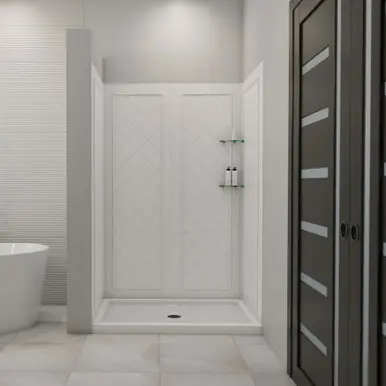 Handmade DreamLine DL-6070C-01 32 in. D x 48 in. W x 76 3/4 in. H Center Drain Acrylic Shower Base and QWALL-5 Backwall Kit In White