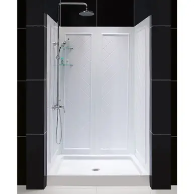 Best Choice DreamLine DL-6071C-01 34 in. D x 48 in. W x 76 3/4 in. H Center Drain Acrylic Shower Base and QWALL-5 Backwall Kit In White