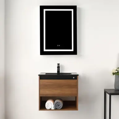 Blossom Bergen 24" Wall Hung Vanity (Dual LED Illuminated) With Black Ceramic Sink - Brown Walnut - V8037 24 11 BC Editor’s Pick