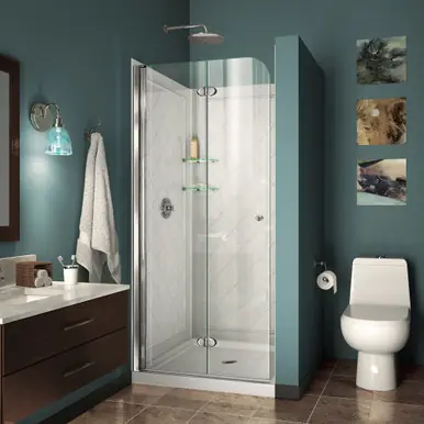 Clearance DreamLine DL-6526-01 Aqua Fold 36 in. D x 36 in. W x 76 3/4 in. H Frameless Bi-Fold Shower Door in Chrome with White Base and Backwall Kit