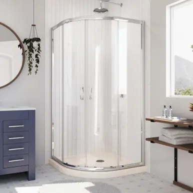 DreamLine DL-6701-22-01 Prime 33 in. D x 33 in. W x 74 3/4 in. H Clear Framed Sliding Shower Enclosure in Chrome, Corner Drain Biscuit Base Kit Low Price