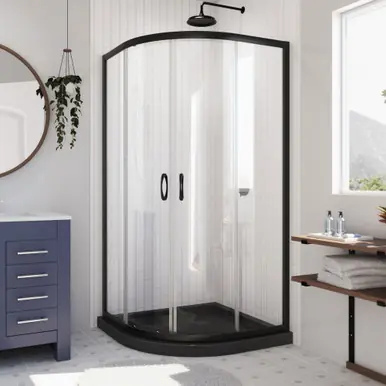 DreamLine Prime 33 in. x 74 3/4 in. Semi-Frameless Clear Glass Sliding Shower Enclosure in Satin Black with Black Base Kit Discount
