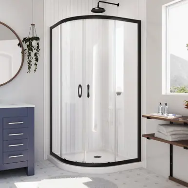 DreamLine Prime 33 in. x 74 3/4 in. Semi-Frameless Clear Glass Sliding Shower Enclosure in Satin Black with White Base Kit Affordable