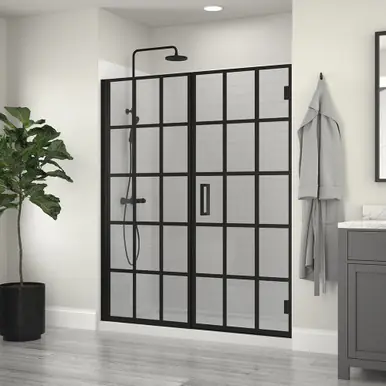 Craft + Main MRHG6074-GR-MB Marina Hinge Shower Door & Inline Panel/Grid Glass 60" W x 74" H - Matte Black Free Shipping