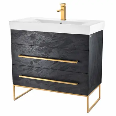Worldwide Shipping Fine Fixtures Concordia Vanity Cabinet 36" Wide - Black Marble With Satin Brass Hardware - CA36BM