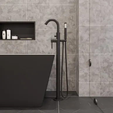 High Quality Alfi Black Matte Single Lever Floor Mounted Tub Filler Faucet Mixer w Hand Held Shower Head