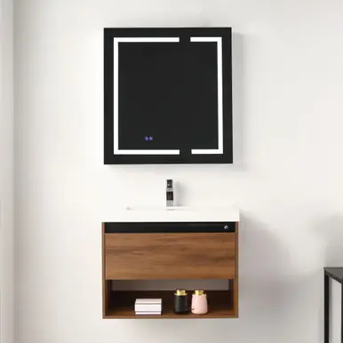 Authentic Blossom Bergen 30" Wall Hung Vanity (Dual LED Illuminated) With Acrylic Sink - Brown Walnut - V8037 30 11 A