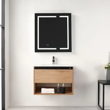 Holiday Sale Blossom Bergen 30" Wall Hung Vanity (Dual LED Illuminated) With Ceramic Sink - Brown Walnut - V8037 30 11 C