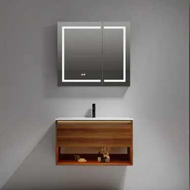 Limited Offer Blossom Bergen 36" Wall Hung Vanity (Dual LED Illuminated) With Ceramic Sink - Brown Walnut - V8037 36 11 C