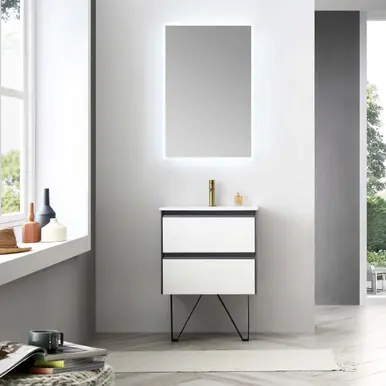 Best Price Blossom V8019 24 01 C MT12 Berlin 24" Floating Bathroom Vanity With Ceramic Sink, Metal Legs - Glossy White & Glossy Grey